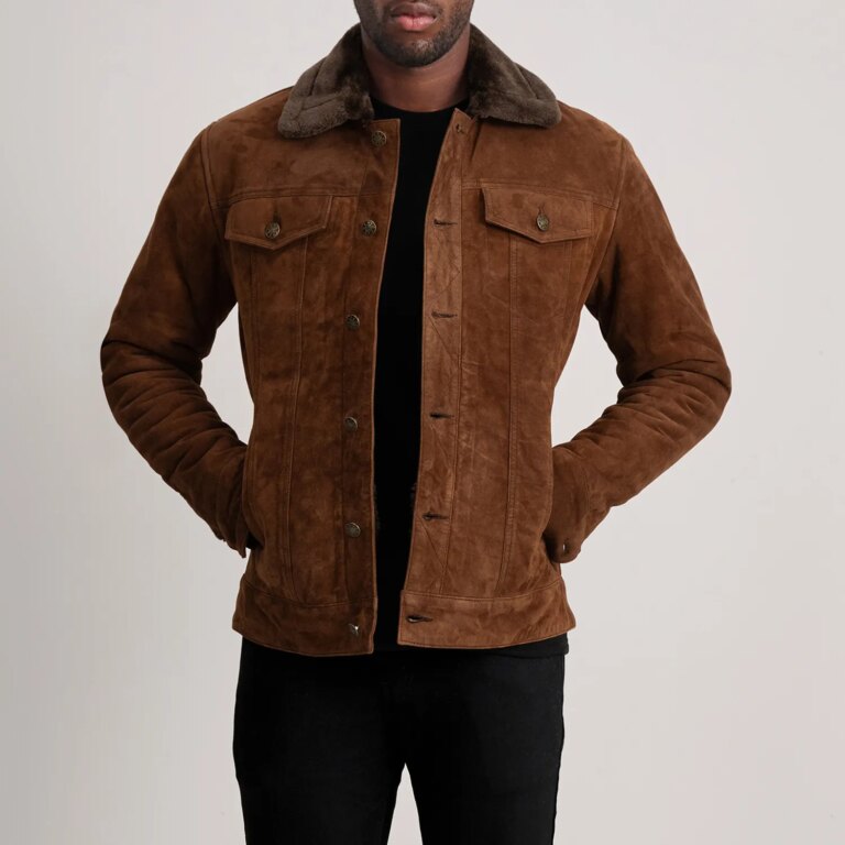Mens Dallis Brown Suede Shearling Trucker Jacket Open Front-4-1733735658501